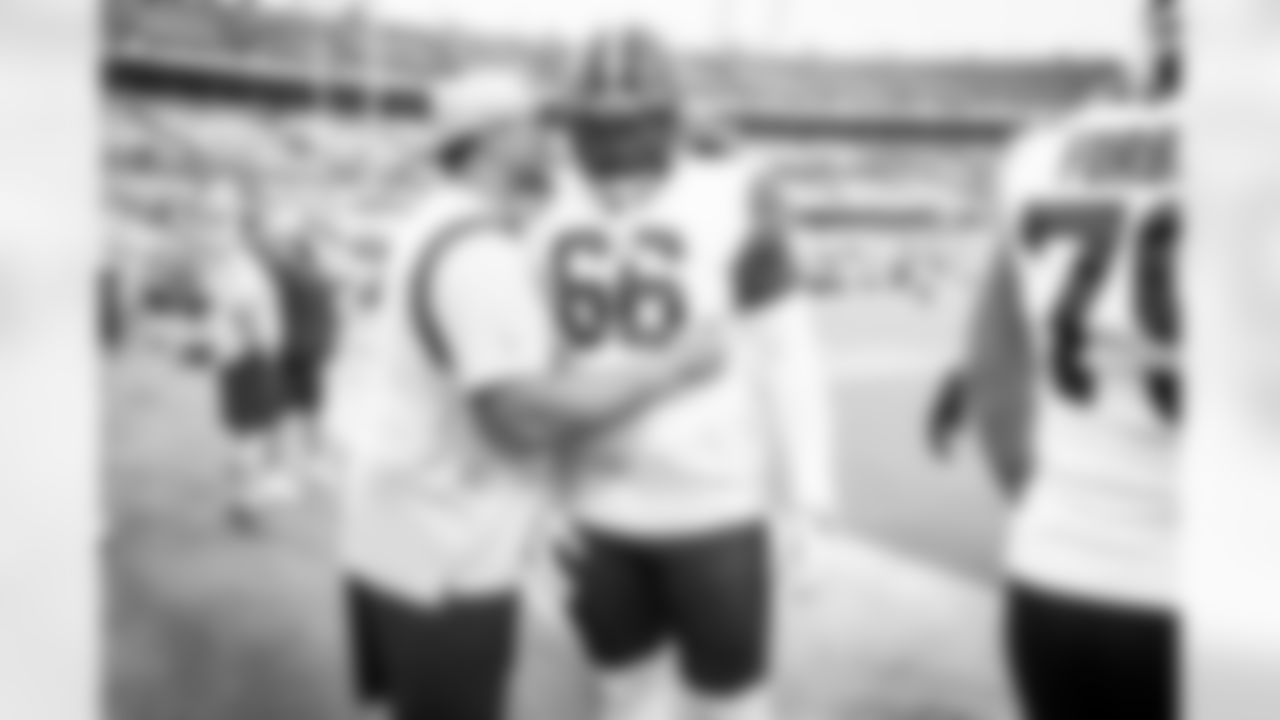 Offensive guard Wyatt Teller (77) and Offensive tackle James Hudson III (66) before a preseason NFL football game between the Cleveland Browns and Jacksonville Jaguars on August 14, 2021 at TIAA Bank Field. The Browns won 23-13.