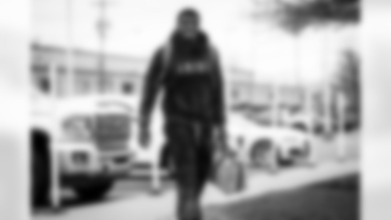 Linebacker Matthew Adams arrives for the start of offseason workouts at CrossCountry Mortgage Campus on April 17, 2023.