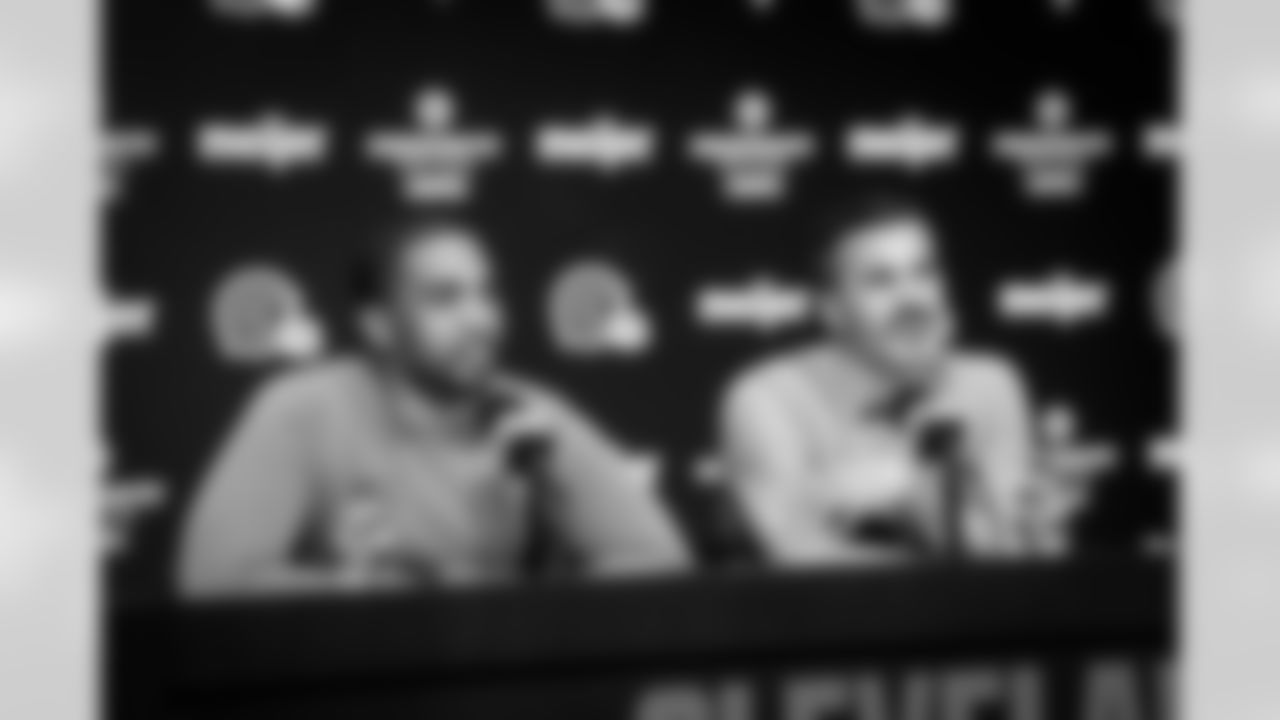 Vice President of Player Personnel Glenn Cook and Head Coach Kevin Stefanski speak to the media during night two of the 2022 NFL Draft at CrossCountry Mortgage Campus on April 29, 2022.