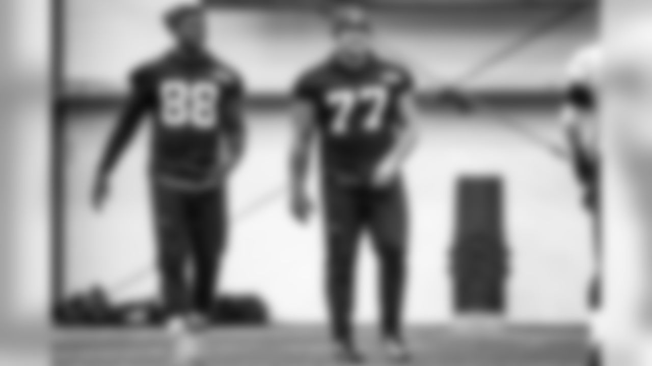 Tight end Demetrius Harris (88) and Offensive guard Wyatt Teller (77) during practice on November 12, 2019.