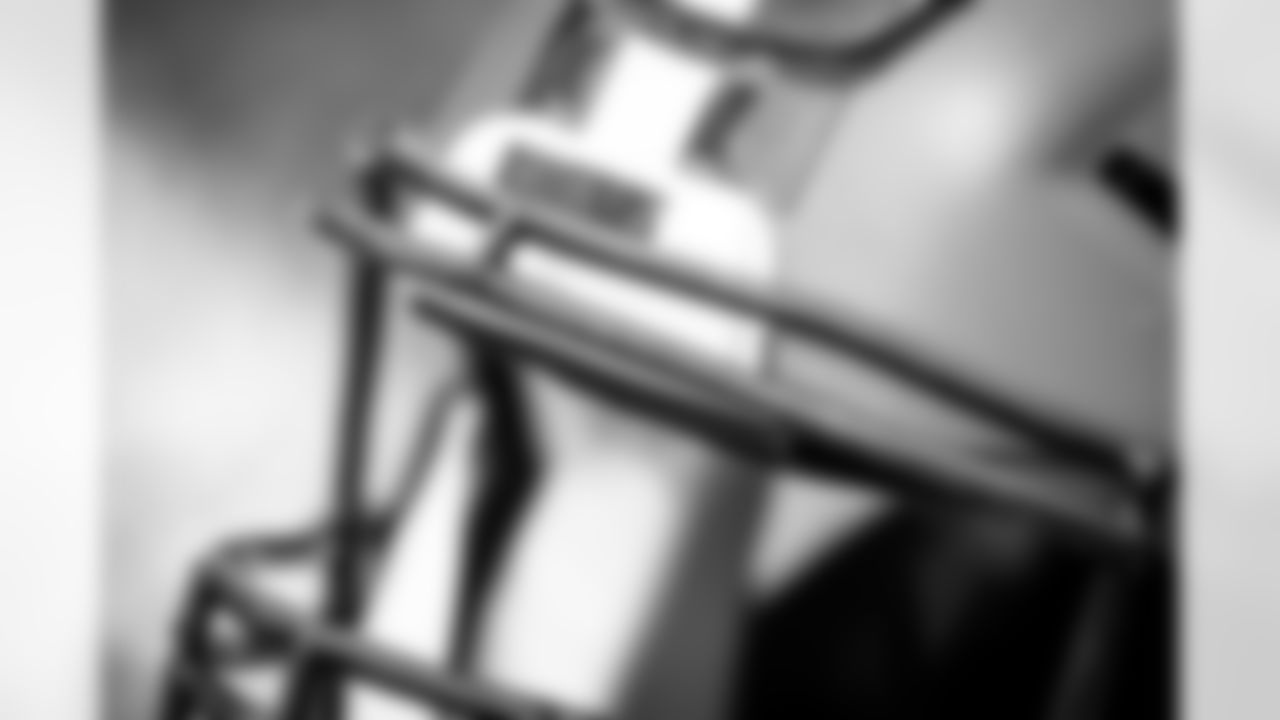 A helmet during the fourteenth day of training camp on August 17, 2021.