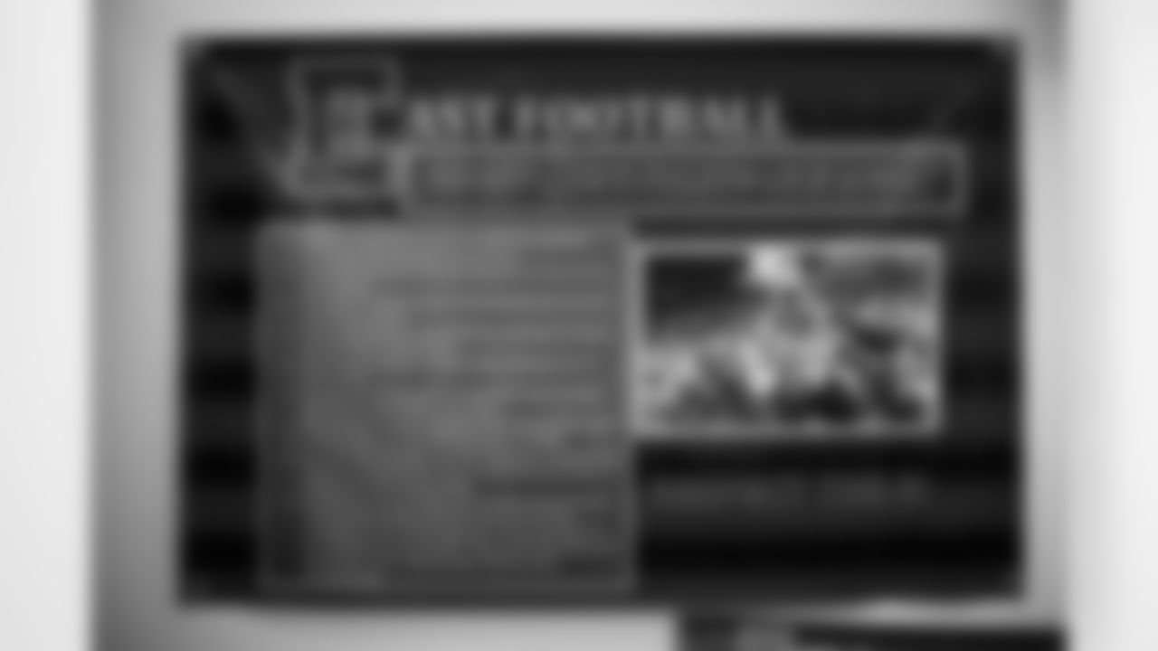 A poster recognizing East High School's 2016 state championship football season during a visit to East High School in Salt Lake City, Utah on May 9, 2023.