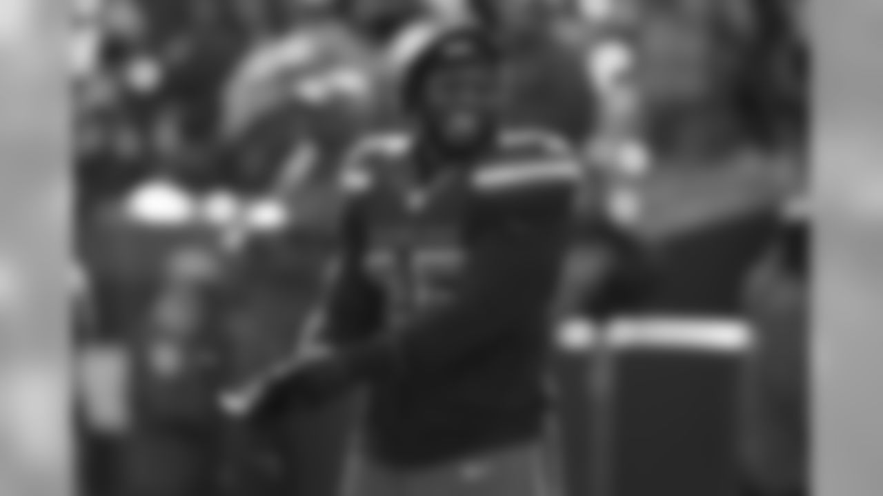 Cleveland Browns defensive tackle Larry Ogunjobi is shown during warm ups before an NFL football game against the Atlanta Falcons, Sunday, Nov. 11, 2018, in Cleveland. (AP Photo/Ron Schwane)