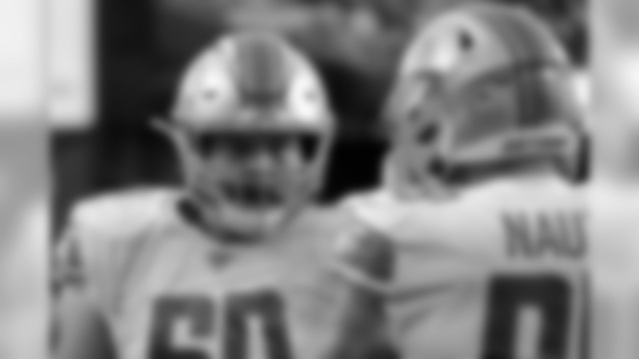 Detroit Lions offensive guard Graham Glasgow (left) stands in the huddle during an NFL football game against the Washington Redskins, Sunday, Nov. 24, 2019, in Landover, Md. (AP Photo/Mark Tenally)