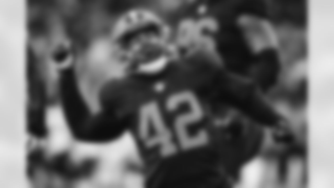 Linebacker Tony Fields II (42) during a NFL football game between the Tampa Bay Buccaneers and Cleveland Browns on November 27, 2022 at FirstEnergy Stadium.