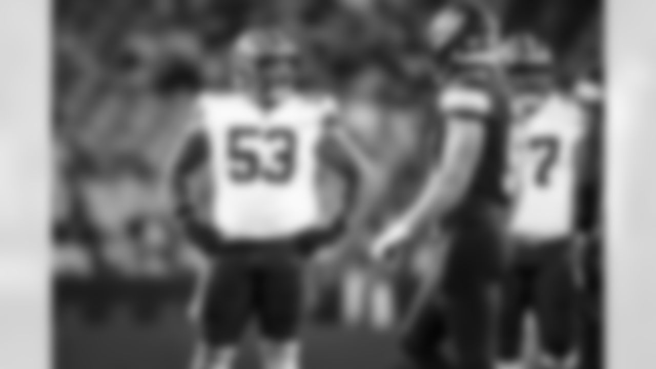 Center Nick Harris (53) during a preseason NFL football game between the Washington Commanders and Cleveland Browns on August 11, 2023 at Cleveland Browns Stadium.