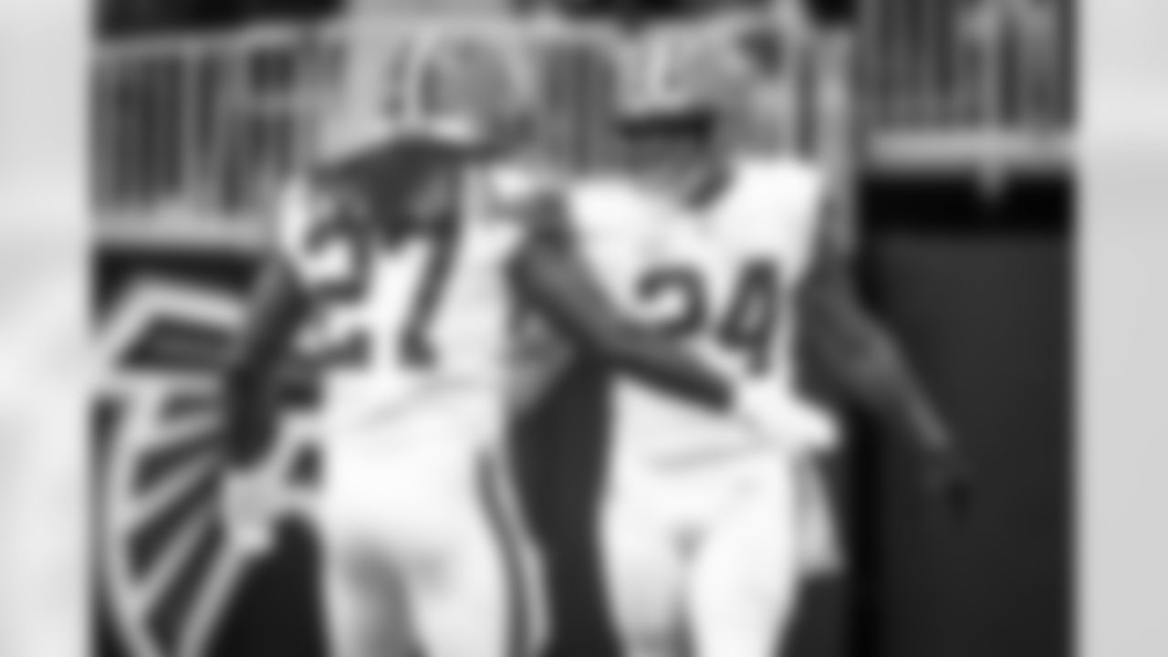Running back Nick Chubb (24) and Running back Kareem Hunt (27) during a NFL football game between the Cleveland Browns and Atlanta Falcons on October 2, 2022 at Mercedes-Benz Stadium. The Browns lost 20-23.
