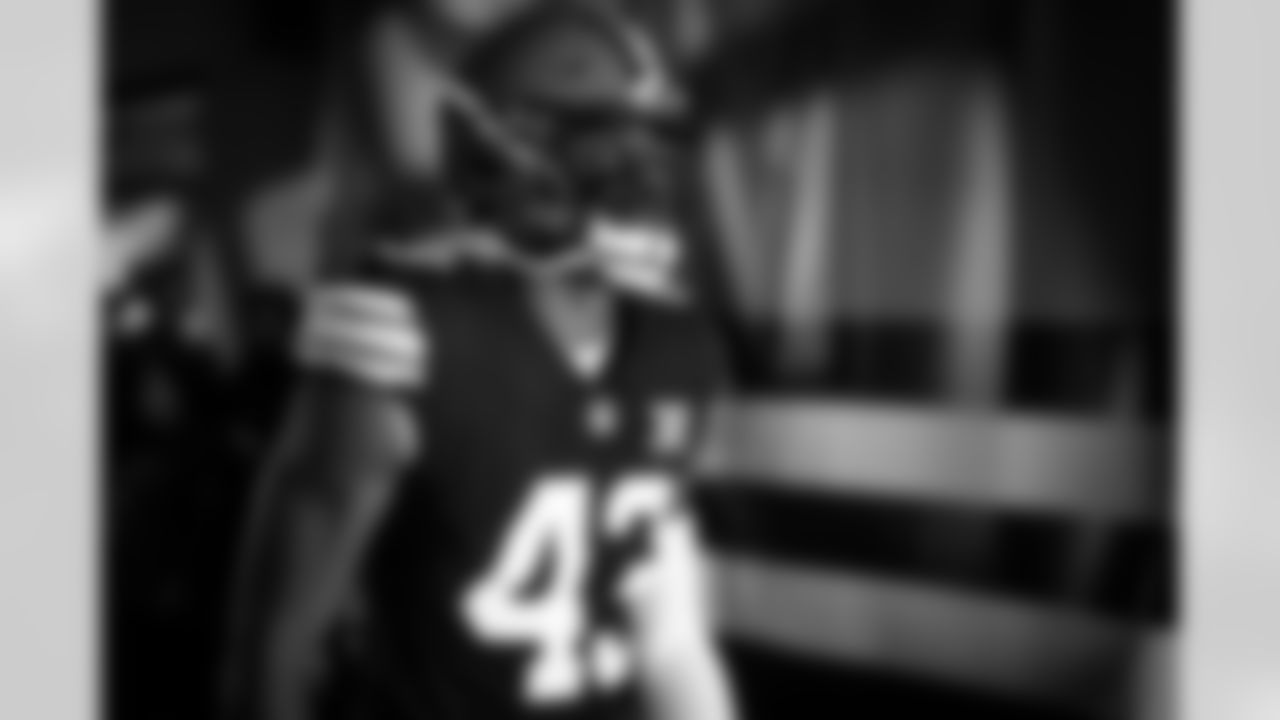 Linebacker Mohamoud Diabate (43) before a NFL football game between the Tennessee Titans and Cleveland Browns on September 24, 2023 at Cleveland Browns Stadium. The Browns won 27-3.