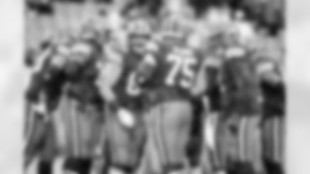 Center JC Tretter (64), Offensive guard Joel Bitonio (75), Offensive tackle Jedrick Wills Jr. (71) and Offensive tackle Chris Hubbard (74) during a NFL football game between the Las Vegas Raiders and Cleveland Browns on November 1, 2020 at FirstEnergy Stadium. The Browns lost 16-6.