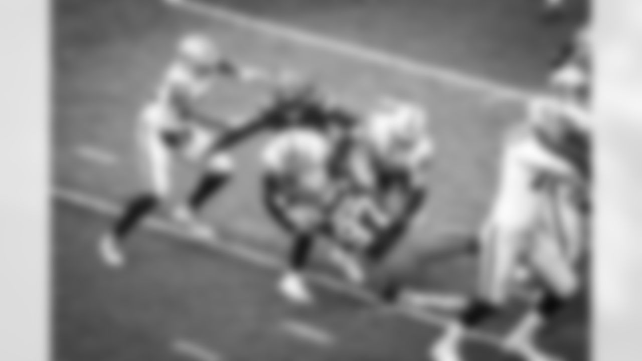 Safety Ronnie Harrison (33) and Defensive end Porter Gustin (97) during a NFL football game between the Las Vegas Raiders and Cleveland Browns on November 1, 2020 at FirstEnergy Stadium. The Browns lost 16-6.