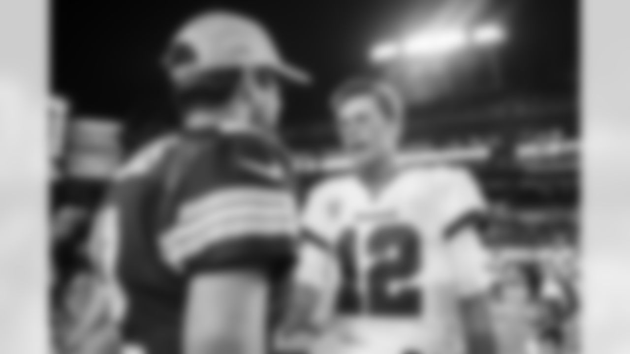 TAMPA, FL - OCTOBER 18, 2020 - Quarterback Tom Brady #12 of the Tampa Bay Buccaneers and Aaron Rodgers after the game between the Green Bay Packers and Tampa Bay Buccaneers at Raymond James Stadium. The Buccaneers won the game, 38-10. Photo By Kyle Zedaker/Tampa Bay Buccaneers