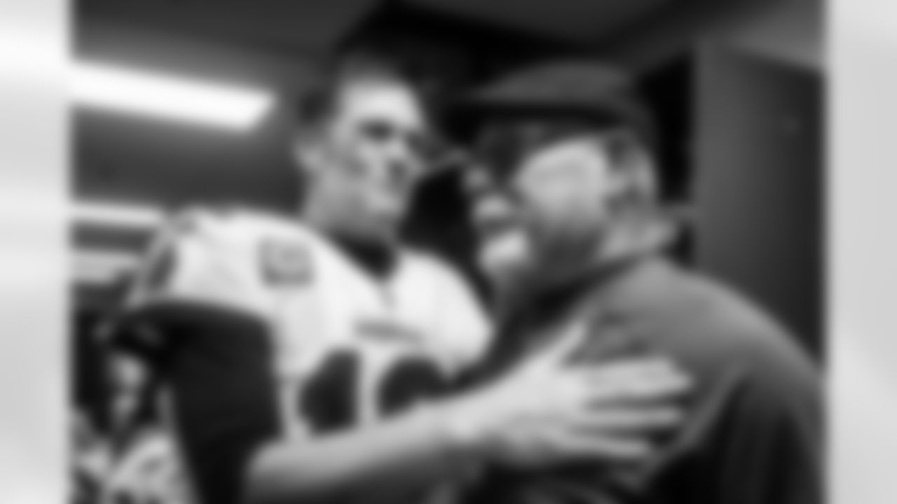 FOXBOROUGH, MA - October 03, 2021 - Quarterback Tom Brady #12 and Head Coach Bruce Arians of the Tampa Bay Buccaneers after the game between the Tampa Bay Buccaneers and New England Patriots at Gillette Stadium. The Buccaneers won the game 19-17. Photo By Kyle Zedaker/Tampa Bay Buccaneers