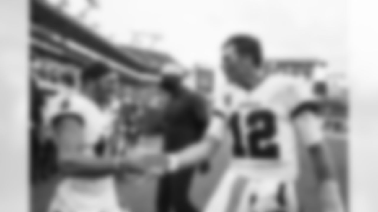 TAMPA, FL - OCTOBER 04, 2020 - Wide Receiver Scotty Miller #10 and Quarterback Tom Brady #12 of the Tampa Bay Buccaneers after the game between the Los Angeles Chargers and Tampa Bay Buccaneers at Raymond James Stadium. The Buccaneers won the game, 38-31. Photo By Kyle Zedaker/Tampa Bay Buccaneers