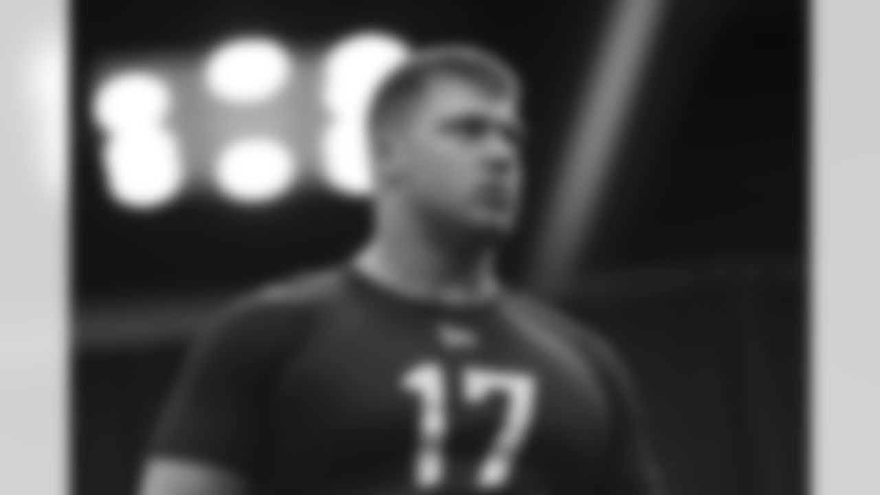 Central Michigan offensive lineman Luke Goedeke (17) at the NFL football scouting combine, Friday, March 4, 2022 in Indianapolis. (Ben Liebenberg via AP)