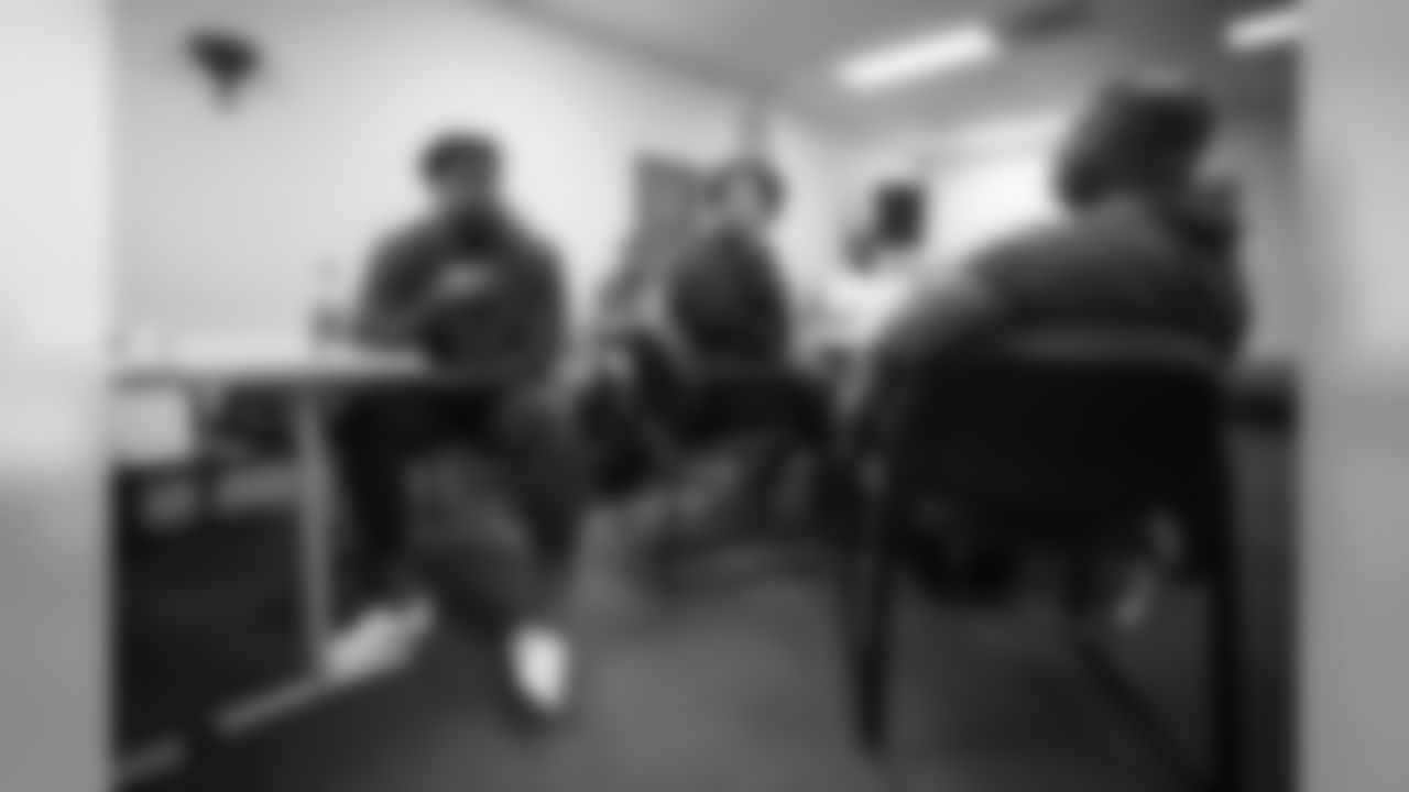 TAMPA, FL- OCTOBER 16, 2018 - Offensive Lineman Caleb Benenoch #77 during the Tampa Bay Buccaneers Social Justice Program visit to Abe Brown Ministries Ready For Work program in Tampa, FL. Photo By Kyle Zedaker/Tampa Bay Buccaneers