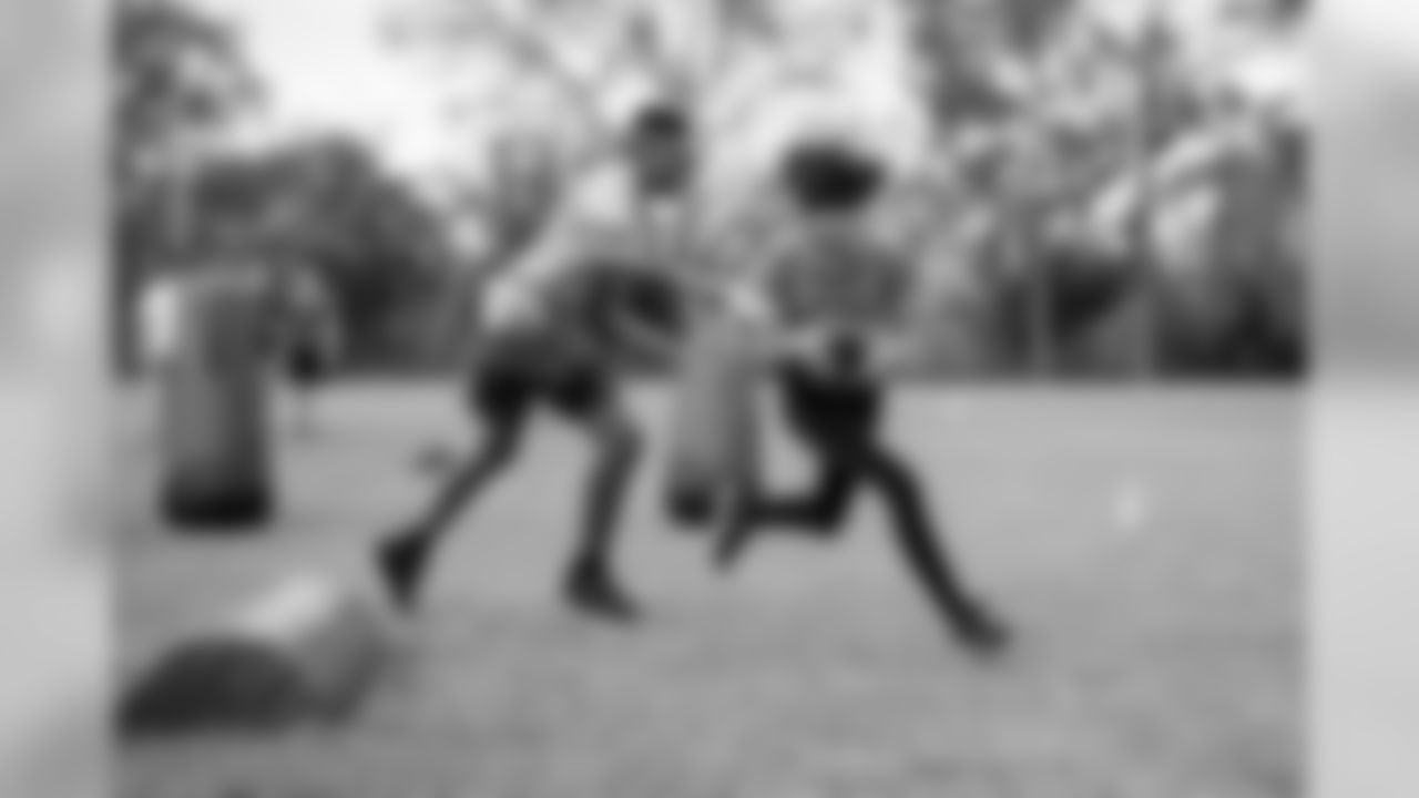 TAMPA, FL- FEBRUARY 25, 2020 - Students participate in drills and games during a visit to Buchanan Middle School for the Jr. Bucs Middle School Flag Football Program. Photo By Tori Richman/Tampa Bay Buccaneers