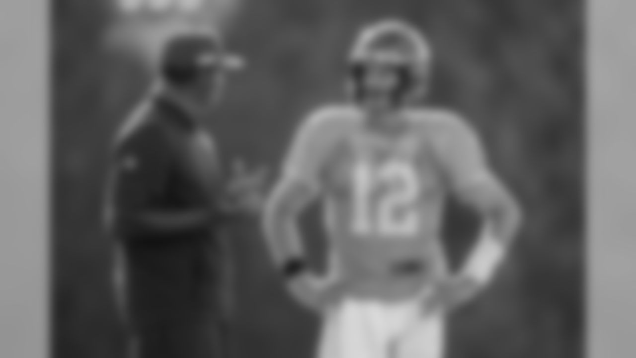 TAMPA, FL - AUGUST 20, 2020 - Offensive Coordinator Byron Leftwich and Quarterback Tom Brady #12 of the Tampa Bay Buccaneers during day 15 of 2020 Training Camp practice at AdventHealth Training Center. Photo By Tori Richman/Tampa Bay Buccaneers