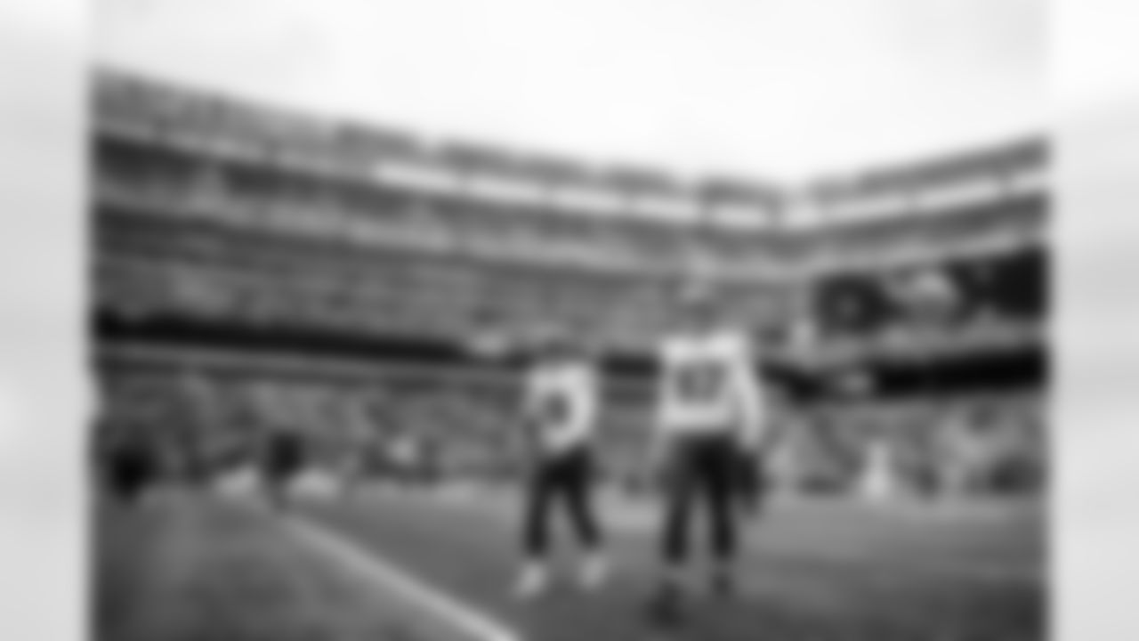 EAST RUTHERFORD, NJ - JANUARY 02, 2022 - Punter Sterling Hofrichter #19 and Long Snapper Zach Triner #97 of the Tampa Bay Buccaneers before the game between the Tampa Bay Buccaneers and New York Jets at MetLife Stadium. The Buccaneers won the game, 28-24. Photo By Tori Richman/Tampa Bay Buccaneers