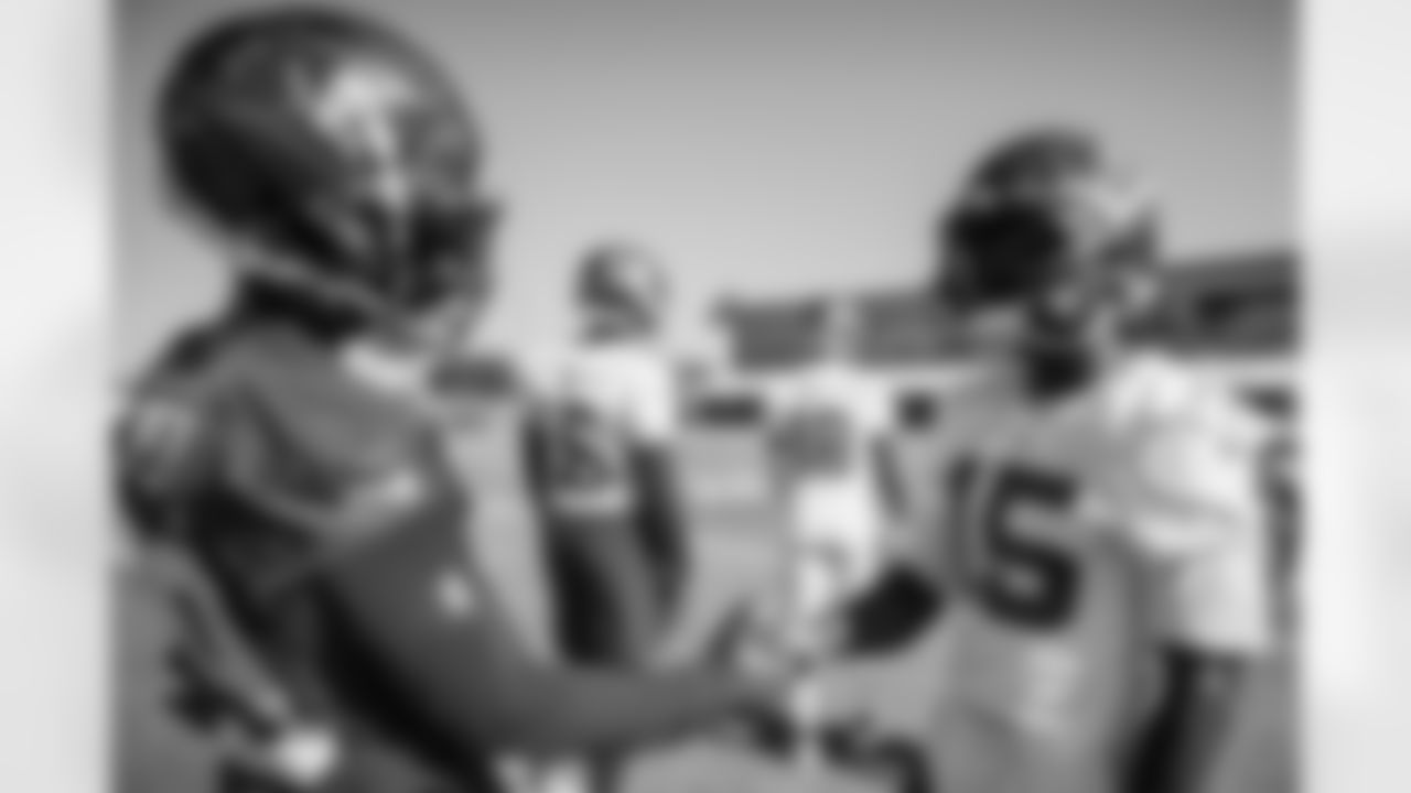 TAMPA, FL - June 07, 2022 - Safety Chris Cooper #39 and Wide Receiver Cyril Grayson #15 of the Tampa Bay Buccaneers during Minicamp at AdventHealth Training Center. Photo By Kyle Zedaker/Tampa Bay Buccaneers