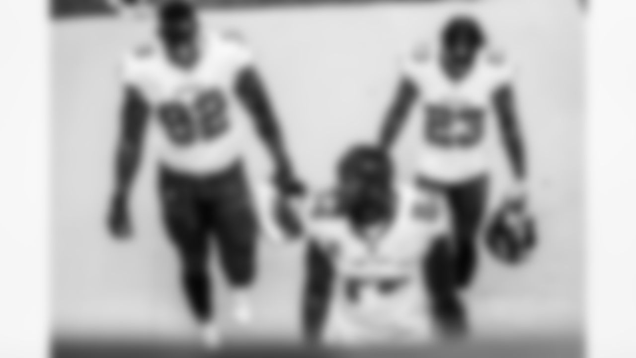 CHARLOTTE, NC - NOVEMBER 15, 2020 - Defensive Lineman William Gholston #92, Inside Linebacker Lavonte David #54, Cornerback Sean Murphy-Bunting #23 of the Tampa Bay Buccaneers after the game between the Tampa Bay Buccaneers and Carolina Panthers at Bank of America Stadium. The Buccaneers won the game, 46-23. Photo By Tori Richman/Tampa Bay Buccaneers
