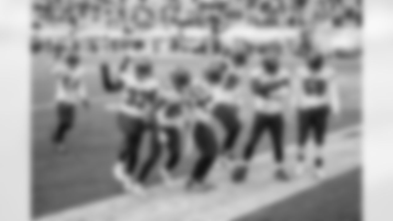 GREEN BAY, WI - JANUARY 24, 2021 - Inside Linebacker Lavonte David #54, Safety Jordan Whitehead #33, Cornerback Sean Murphy-Bunting #23, Safety Mike Edwards #32, Defensive Lineman William Gholston #92, Inside Linebacker Devin White #45, and Outside Linebacker Shaquil Barrett #58 of the Tampa Bay Buccaneers celebrate a turnover during the NFC Championship game between the Tampa Bay Buccaneers and Green Bay Packers at Lambeau Field. The Buccaneers won the game, 31-26. Photo By Matt May/Tampa Bay Buccaneers