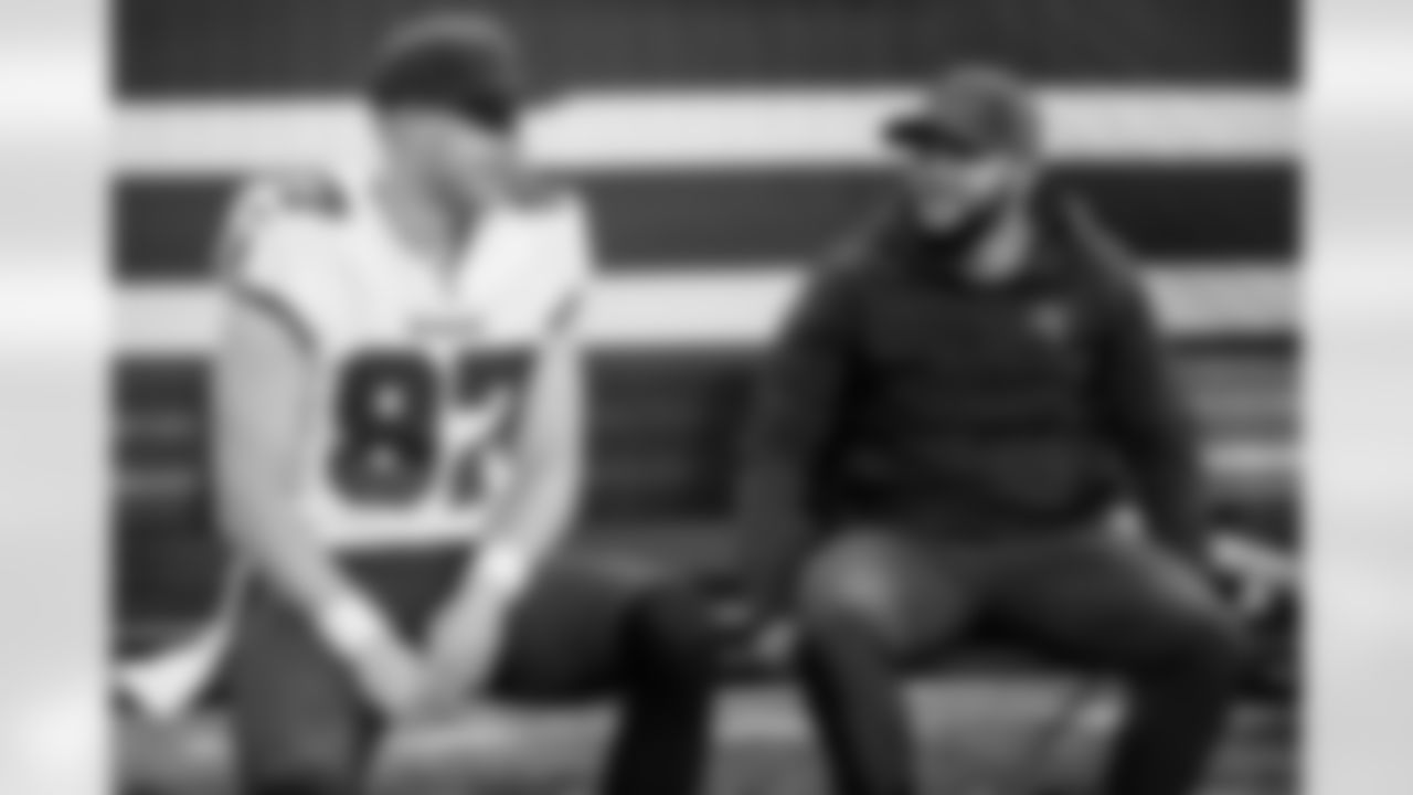 INDIANAPOLIS, IN - November 28, 2021 - Long Snapper Zach Triner #97 and Kicker Jose Borregales #19 of the Tampa Bay Buccaneers before the game between the Tampa Bay Buccaneers and Indianapolis Colts at Lucas Oil Stadium The Buccaneers won the game, 38-31. Photo By Kyle Zedaker/Tampa Bay Buccaneers