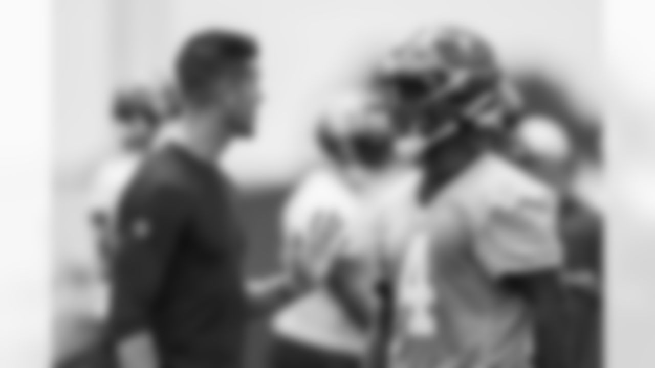 TAMPA, FL - May 12, 2023 - Offensive Coordinator Dave Canales and Quarterback Lindsey Scott #4 of the Tampa Bay Buccaneers during 2023 Rookie Mini Camp at AdventHealth Training Center. Photo By Tori Richman/Tampa Bay Buccaneers