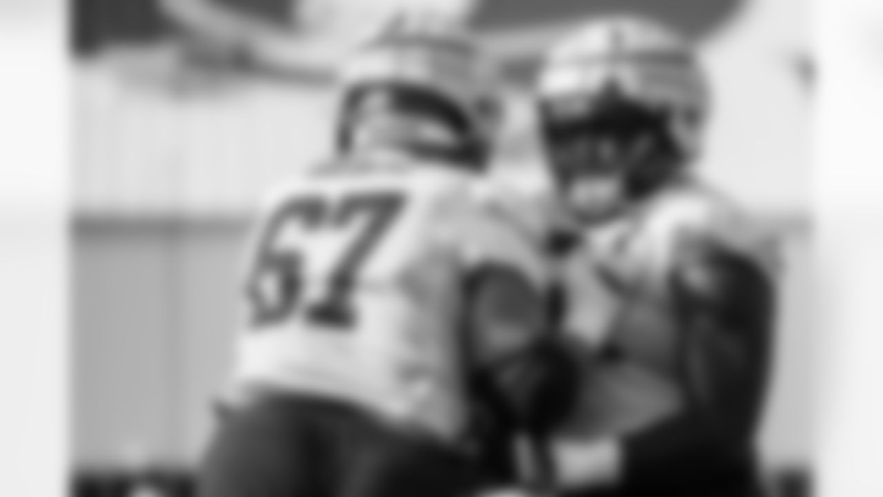 TAMPA, FL - July 29, 2022 - Guard Luke Goedeke #67 and Guard Sadarius Hutcherson #61 of the Tampa Bay Buccaneers during 2022 Training Camp practice at AdventHealth Training Center. Photo By Tori Richman/Tampa Bay Buccaneers