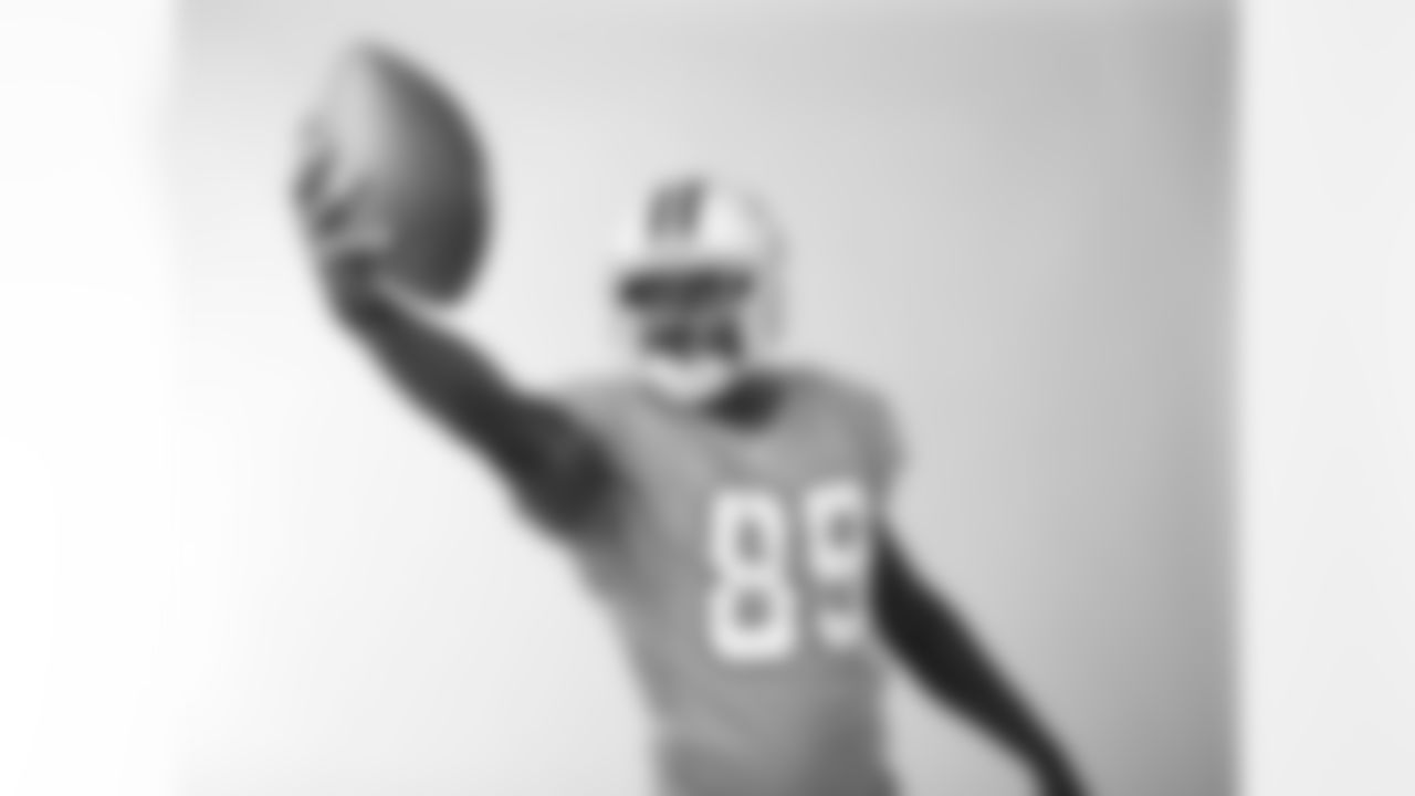 Wide Receiver Antonio Bryant #89 of the Tampa Bay Buccaneers in a 1976 Buccaneers throwback jersey during a studio photo shoot at One Buccaneer Place in Tampa, Florida.