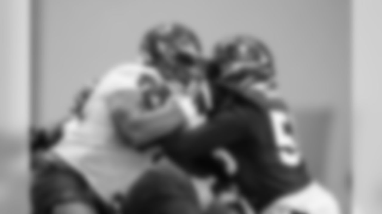 TAMPA, FL - AUGUST 19, 2020 - Tackle Tristan Wirfs #78 and Outside Linebacker Shaquil Barrett #58 of the Tampa Bay Buccaneers during day 14 of 2020 Training Camp practice at AdventHealth Training Center. Photo By Kyle Zedaker/Tampa Bay Buccaneers