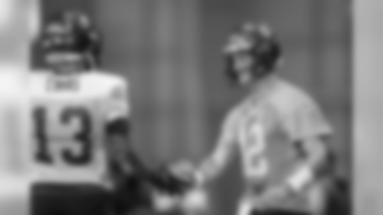 TAMPA, FL - AUGUST 19, 2020 - Wide Receiver Mike Evans #13 and Quarterback Tom Brady #12 of the Tampa Bay Buccaneers during day 14 of 2020 Training Camp practice at AdventHealth Training Center. Photo By Kyle Zedaker/Tampa Bay Buccaneers