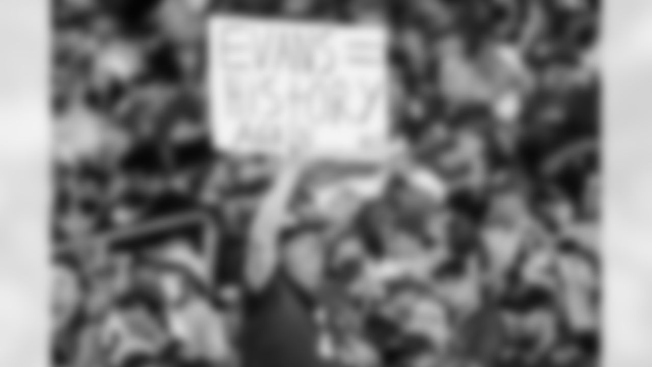 TAMPA, FL - January 09, 2022 - A fan holds a sign during the game between the Carolina Panthers and Tampa Bay Buccaneers at Raymond James Stadium. The Buccaneers won the game, 41-17. Photo By Mike Carlson/Tampa Bay Buccaneers