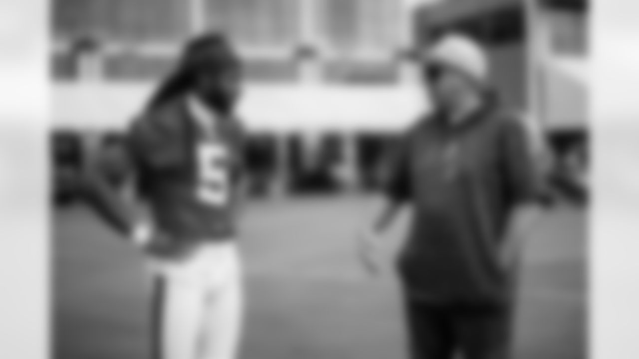 TAMPA, FL - November 11, 2021 - Cornerback Richard Sherman #5 and General Manager Jason Licht of the Tampa Bay Buccaneers during practice at AdventHealth Training Center. Photo By Kyle Zedaker/Tampa Bay Buccaneers