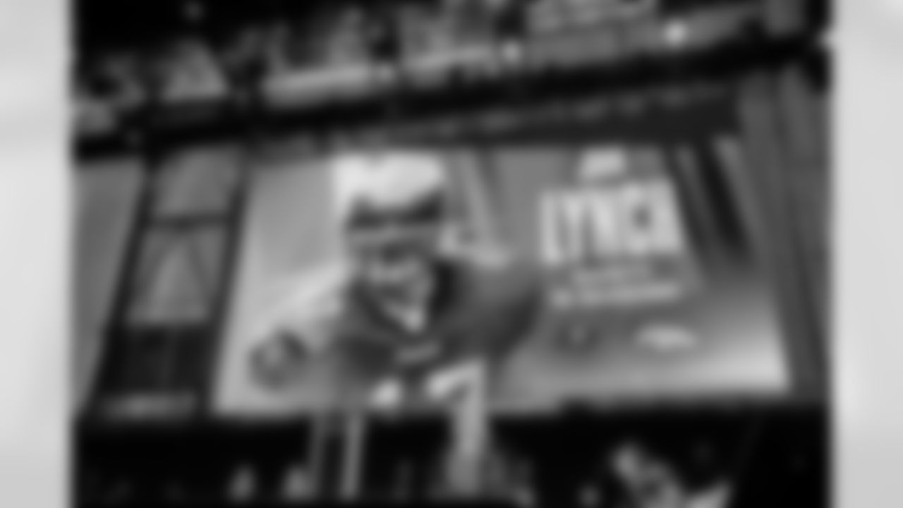 CANTON, OH - AUGUST 08, 2021 - John Lynch is introduced during John Lynch's Enshrinement ceremony into the Pro Football Hall of Fame Class of 2021. Photo By Tori Richman/Tampa Bay Buccaneers