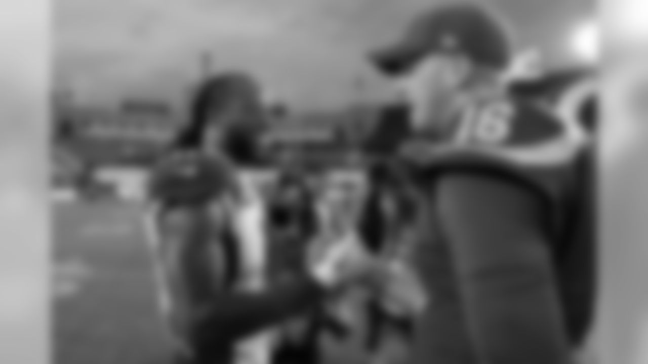 Cardinals wide receiver Larry Fitzgerald greets Rams quarterback Jared Goff after the game.