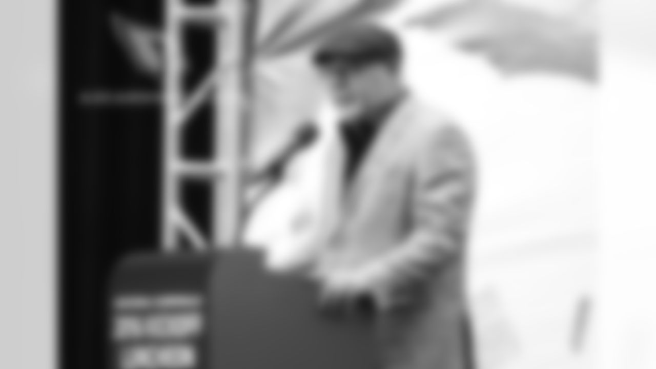 Coach Bruce Arians talks to the assembled crowd