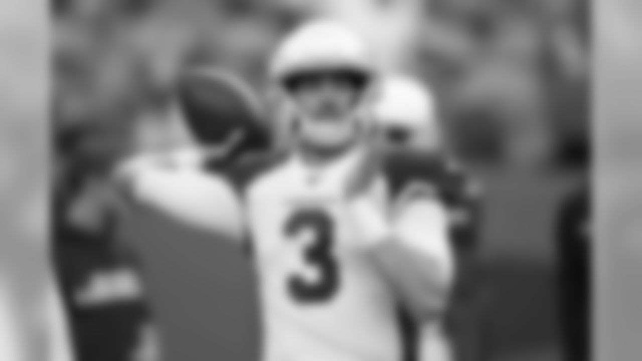 Cardinals quarterback Drew Anderson (3) warms up prior to an NFL preseason football game against the Denver Broncos, Thursday, Aug. 29, 2019, in Denver.