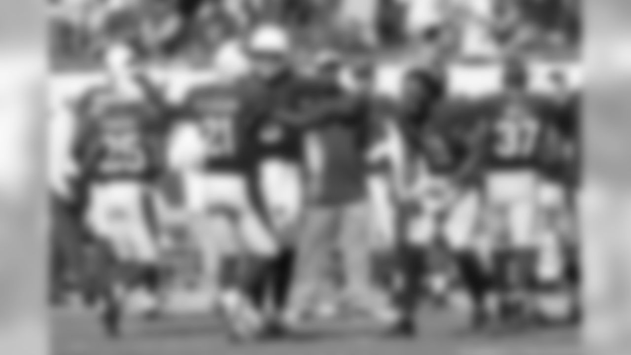 CB Patrick Peterson is greeted by the offense after an interception against the Buccaneers.