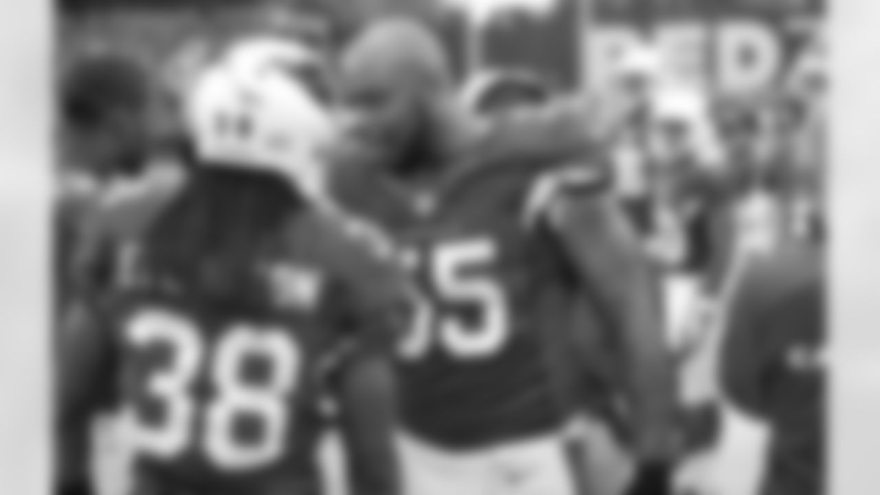LB John Abraham congratulates RB Andre Ellington after his rushing touchdown against the Falcons.