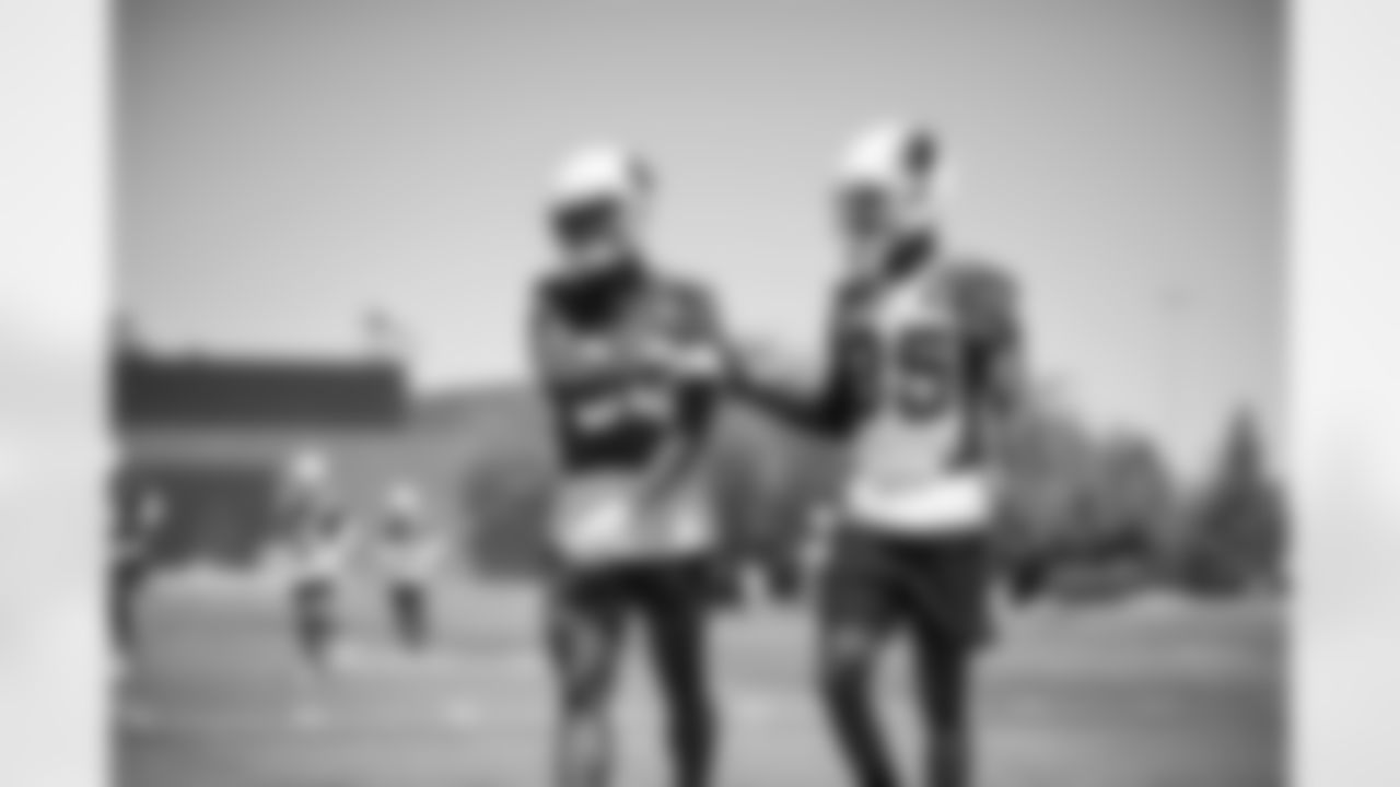 Arizona Cardinals wide receiver Javon Wims (84) and Arizona Cardinals cornerback Christian Matthew (35) during Week 2 of the OTA offseason program at the Dignity Health Training Facility on Wednesday, May 31, 2023 in Tempe, AZ.