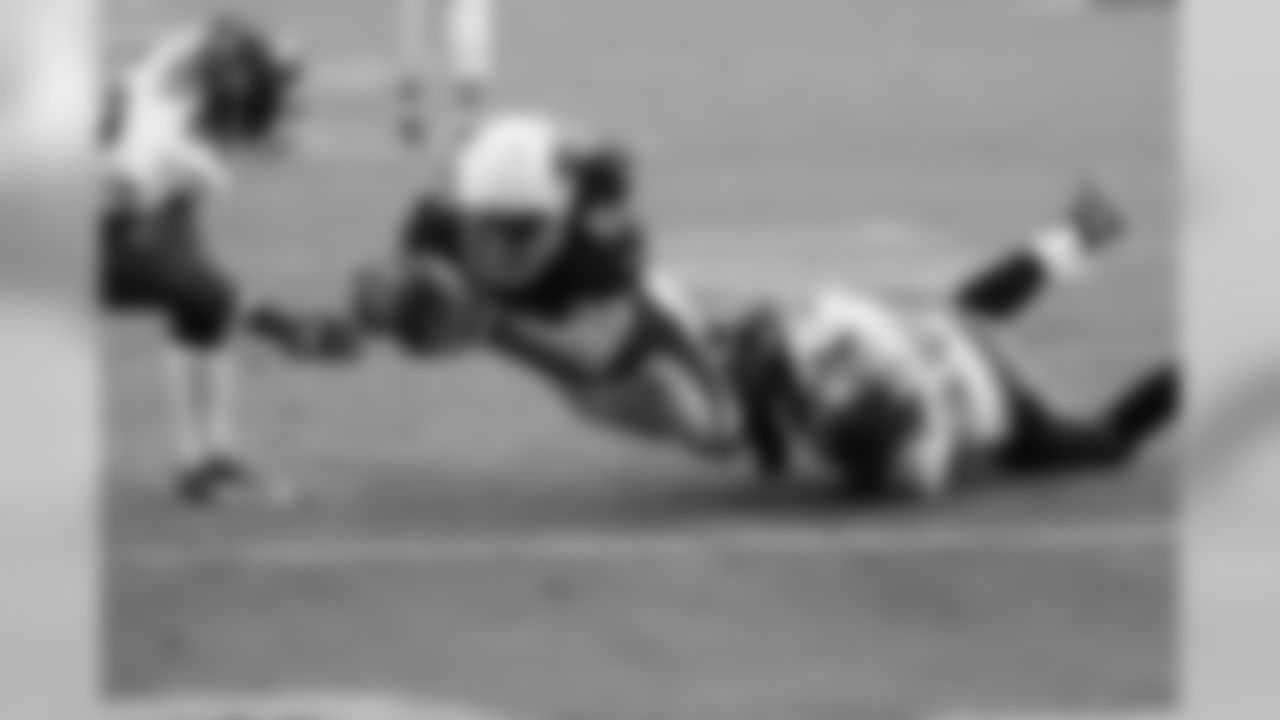 WR Larry Fitzgerald stretches for the end zone against the Buccaneers.