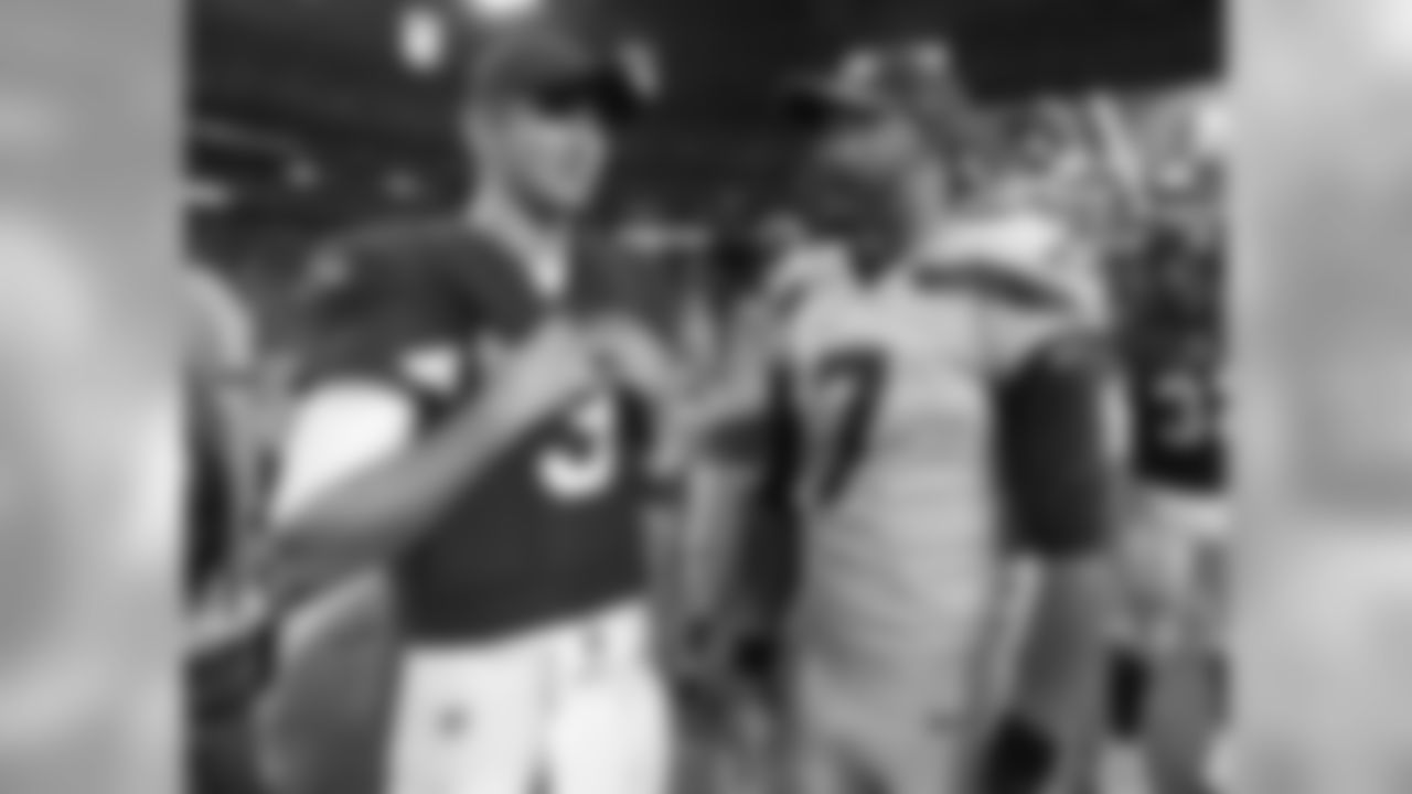 Arizona Cardinals quarterback Josh Rosen (3) talks with Seattle Seahawks quarterback Brett Hundley (7) after an NFL football game, Sunday, Sept. 30, 2018, in Glendale, Ariz.