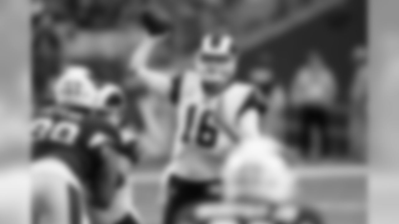 Rams quarterback Jared Goff throws against the Cardinals defense.