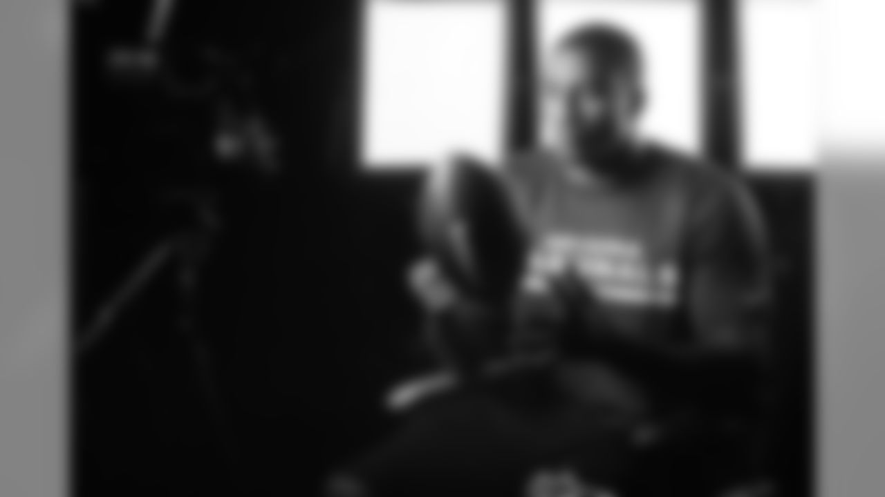 S Deone Bucannon tapes an intro for the broadcast department