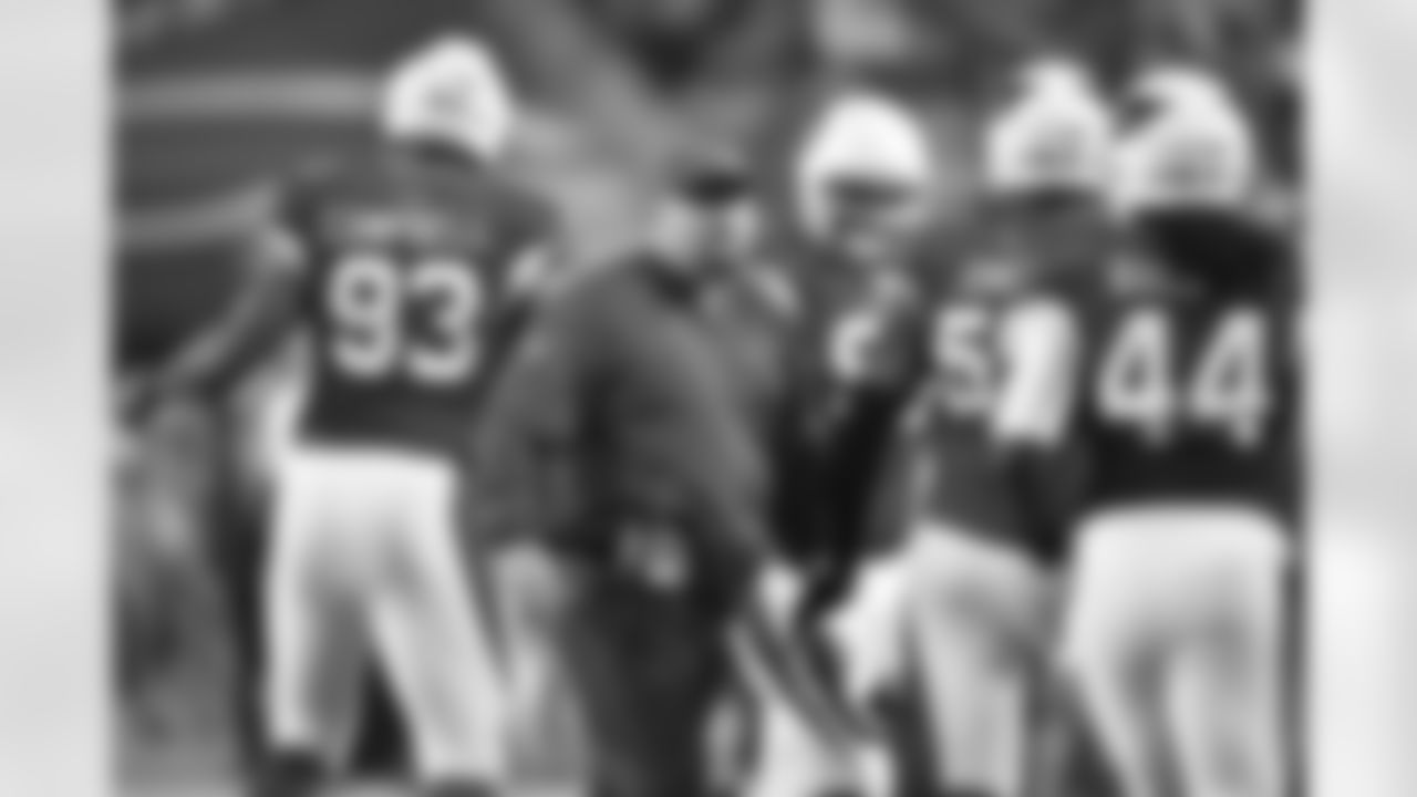 Defensive coordinator James Bettcher greets his defense as they come off the field