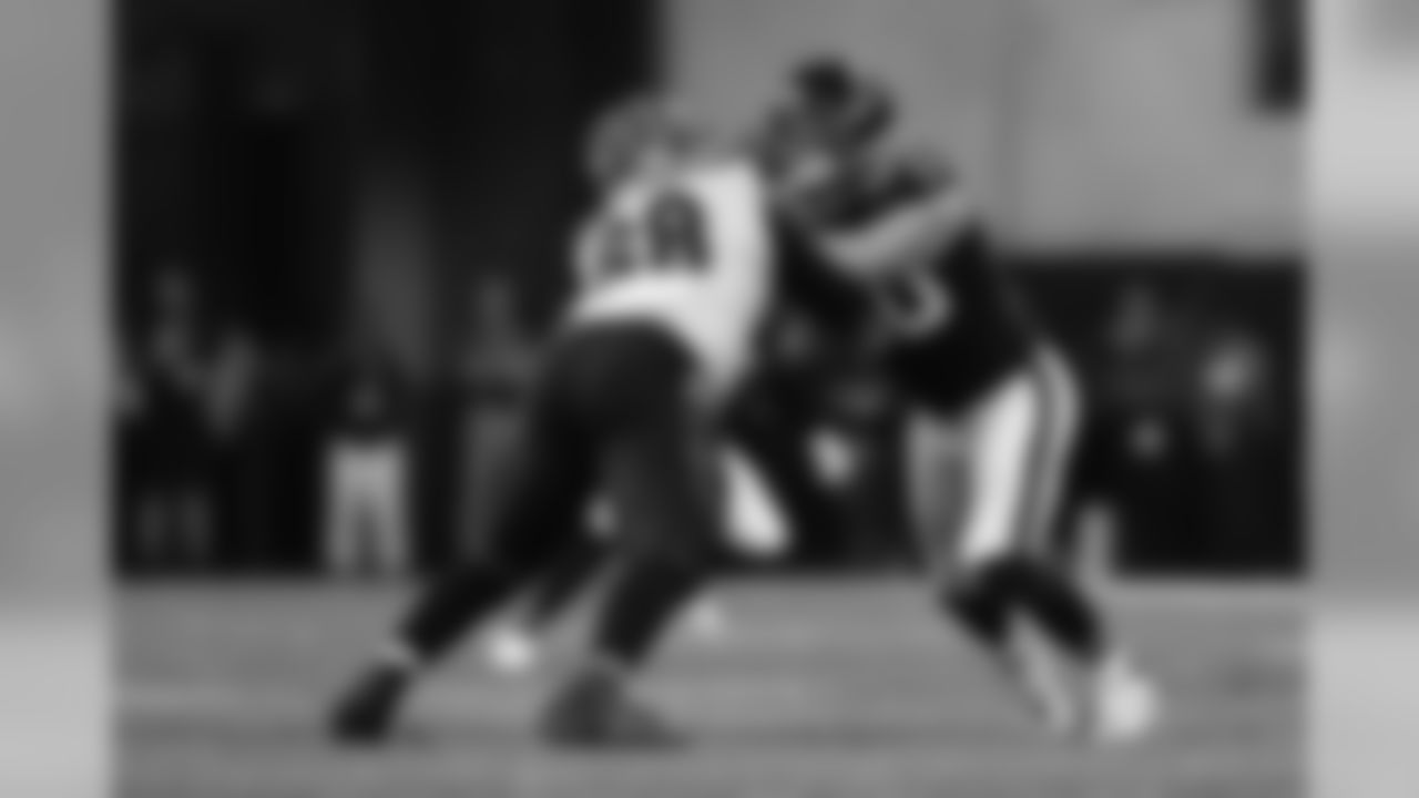 Atlanta Falcons defensive end Brooks Reed (50) runs around the edge as Cincinnati Bengals offensive tackle Bobby Hart (68) blocks during a week 4 NFL football game on Sunday, Sept. 30, 2018 in Atlanta. Cincinnati won 37-36.