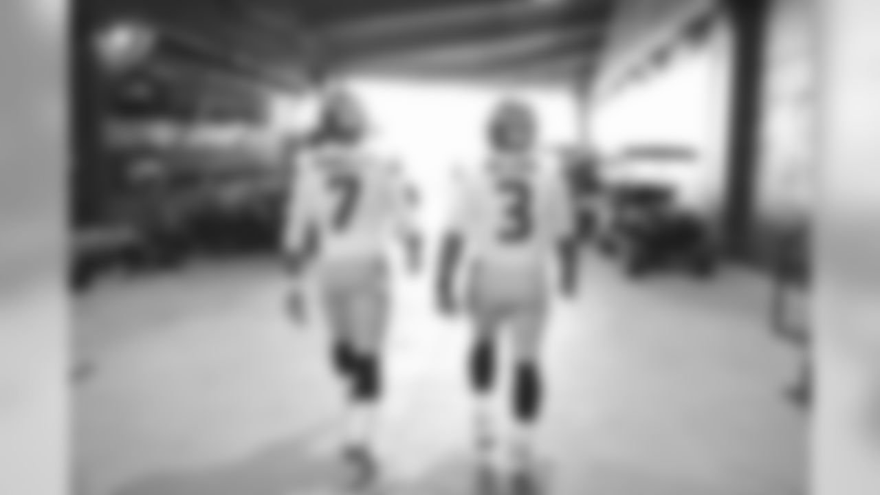 Seattle Seahawks quarterback Brett Hundley (7) and quarterback Russell Wilson (3) walk out of the tunnel prior to an NFL football game against the Los Angeles Rams, Sunday, Nov. 11, 2018 in Los Angeles.