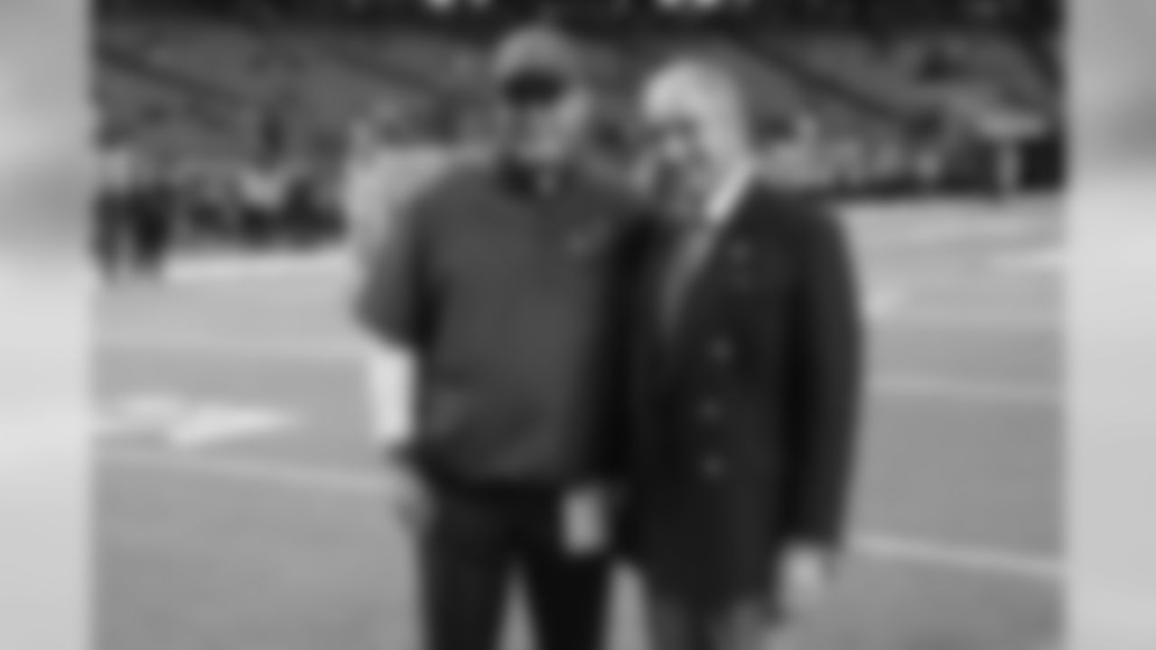 Bruce Arians with Falcons owner Arthur Blank