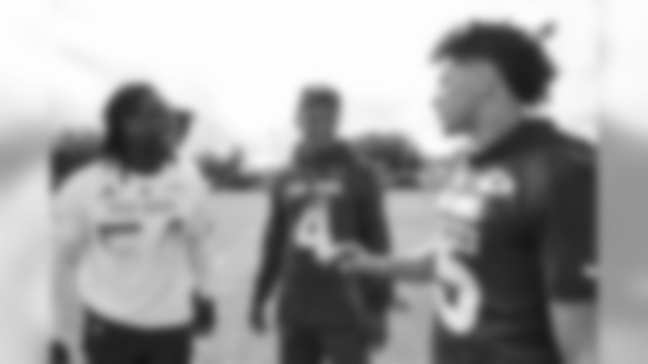 Melvin Ingram laughs with QBs Deshaun Watson and Patrick Mahomes at Pro Bowl Practice on Thursday, Jan. 24, 2019 in Orlando, FL.