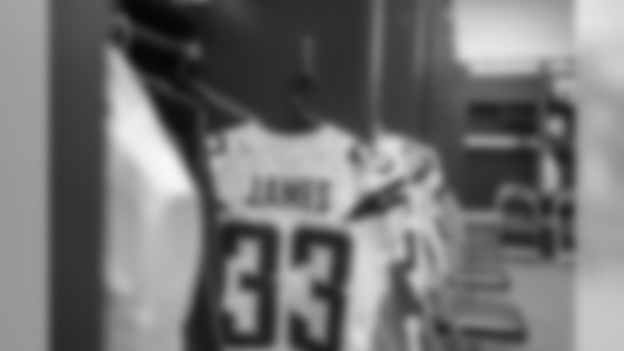 Derwin James' jersey hangs in the locker room at CenturyLink Field before the Week 9 matchup against the Seattle Seahawks.